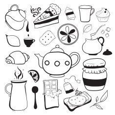 Tea and sweets vector black white objects