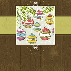 brown wooden background with christmas balls