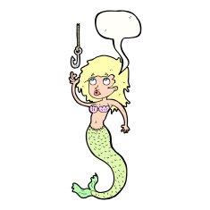 cartoon mermaid and fish hook with speech bubble N10