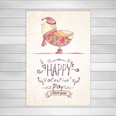 Hand-drawn bird Greeting card on wooden background