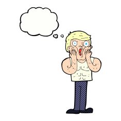 cartoon shocked gym man with thought bubble N22
