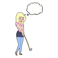 cartoon woman playing golf with thought bubble N22