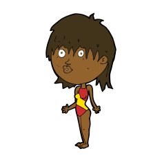cartoon woman in swimsuit shrugging shoulders N7