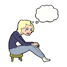 cartoon crying woman with thought bubble N10