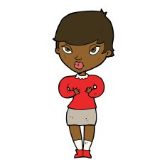 cartoon woman gesturing at self N21