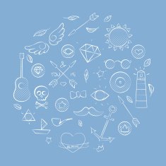 Hand drawn set of hipster elements over blue