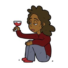 cartoon unhappy woman with glass of wine N8