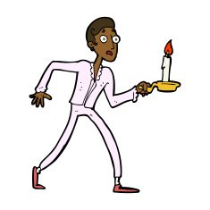 cartoon frightened man walking with candlestick N6
