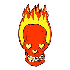cartoon flaming skull with love heart eyes N4