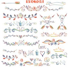 Doodle border floral decor colored watercolor pencil sketched