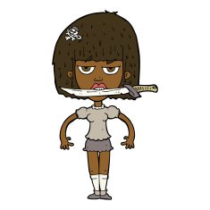 cartoon woman with knife between teeth N29