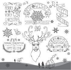 Retro New Year Christmas Calligraphic badges set Outline