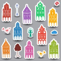 Houses doodles on colored background