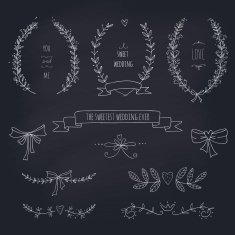 Hand drawn set of wreaths ribbons laurel and labels