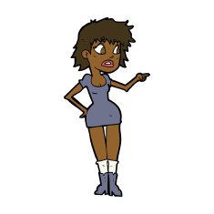 cartoon worried woman in dress pointing N7