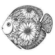 Hand drawn fish with floral elements N2
