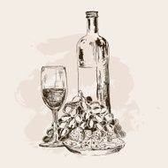 Bottle of wine glass grapes and snacks N2