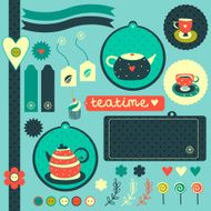 Scrapbook elements with teapots cups lollipop cupcake and hearts