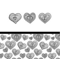 Three doodle textured hearts and seamless pattern set