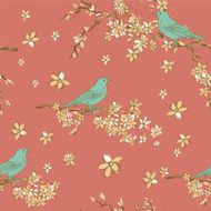 Hand Drawn Cherry Blossoms And Birds Tree Seamless Pattern