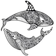 Zentangle stylized Sea Shark and Whale Hand Drawn vector illust