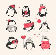 Cute hand drawn penguins set - Merry Christmas
