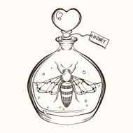 Hand drawn engraving Sketch of Bee in the bottle