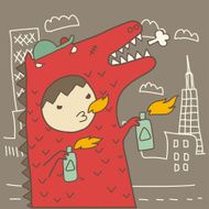 cute boy in red fire Godzilla suit