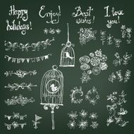 Doodle set of decoration a bird in cage flowers N3