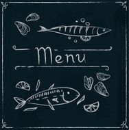 Hand drawn seafood on blackboard