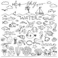 Underwater world hand drawn doodle set