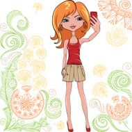 Vector cute girl makes selfie N2