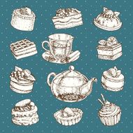 set of illustrations with tea and a variety desserts