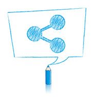 Blue Pencil Drawing Share Icon in Skewed Rectangular Speech Balloon