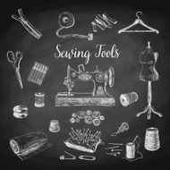 Vector set of hand drawn sewing and knitting tools