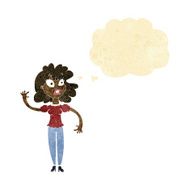 cartoon worried woman waving with thought bubble N21