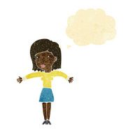 cartoon woman shrugging shoulders with thought bubble N544