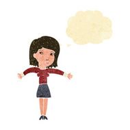 cartoon woman shrugging shoulders with thought bubble N545
