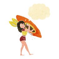 cartoon woman carrying canoe with thought bubble N10