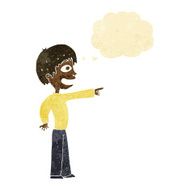 cartoon grinning boy pointing with thought bubble N11