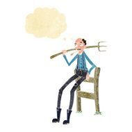 cartoon old farmer leaning on fence with thought bubble N9