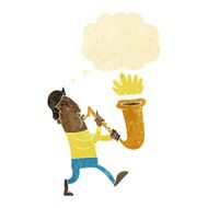 cartoon man blowing saxophone with thought bubble N8
