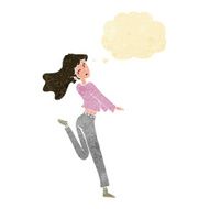 cartoon happy girl kicking out leg with thought bubble N11