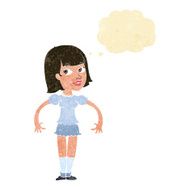 cartoon woman shrugging shoulders with thought bubble N546