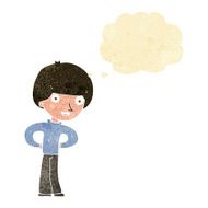 cartoon happy boy with hands on hips thought bubble N11