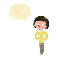 cartoon woman gesturing at self with thought bubble N33