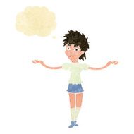 cartoon woman shrugging shoulders with thought bubble N547