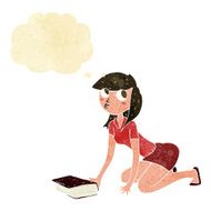 cartoon girl picking up book with thought bubble N11