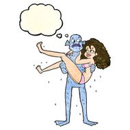 cartoon swamp monster carrying woman in bikini with thought bubb N7