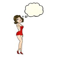 cartoon attractive woman in short dress with thought bubble N11